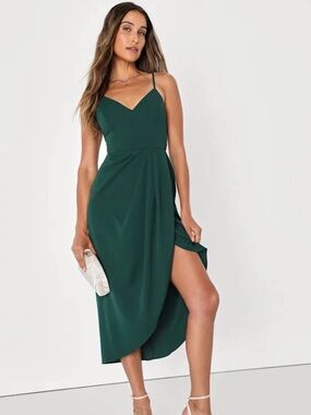 Lulu's Deep Emerald Spaghetti Strap Midi Dress